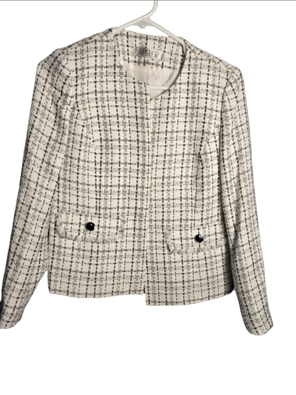 Women's Kasper Petite 2P Blazer Jacket White Black Plaid Tweed classic formal